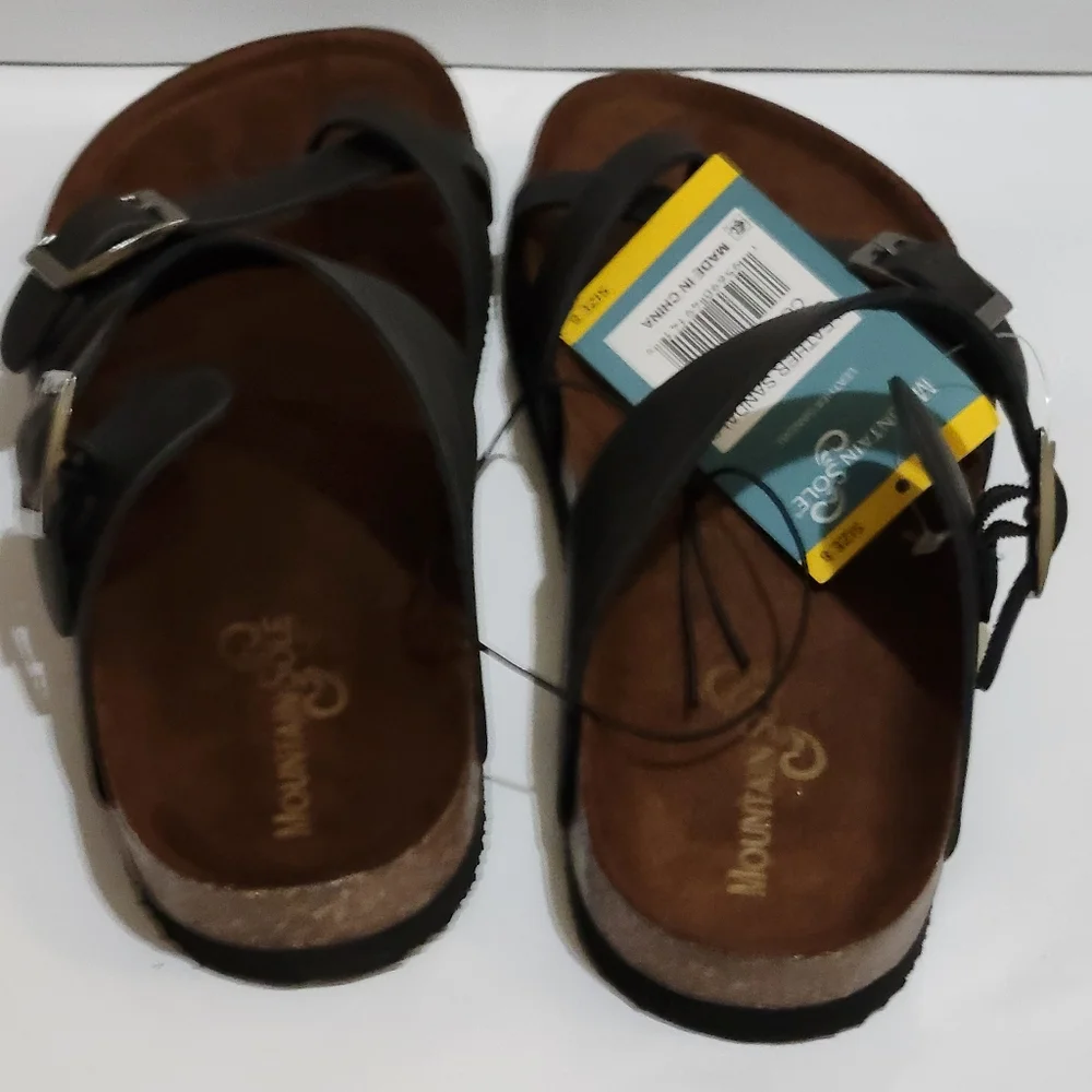 Mountain Sole Women's Leather Footbed Sandals‎ Black Adjustable Buckle